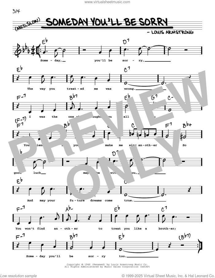 Someday You'll Be Sorry (arr. Robert Rawlins) sheet music for voice and other instruments (real book with lyrics) by Louis Armstrong and Robert Rawlins, intermediate skill level