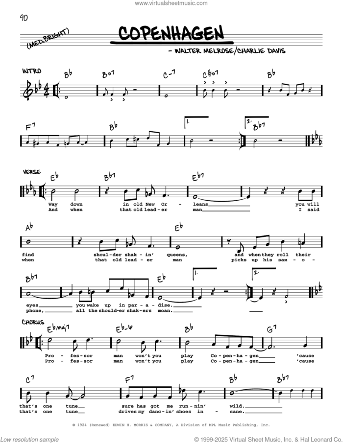 Copenhagen (arr. Robert Rawlins) sheet music for voice and other instruments (real book with lyrics) by Walter Melrose, Robert Rawlins and Charlie Davis, intermediate skill level