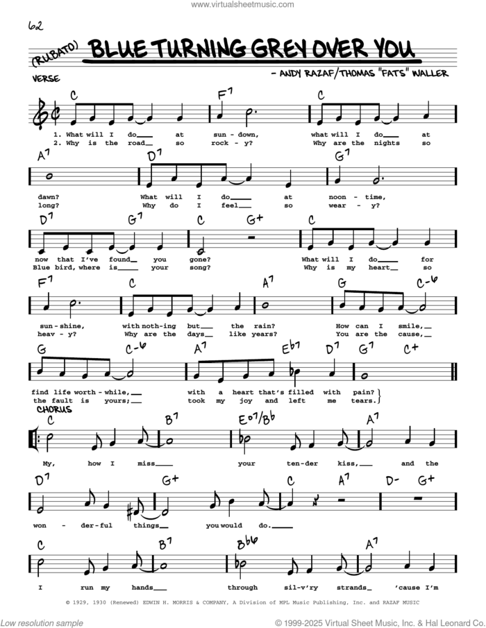 Blue Turning Grey Over You (arr. Robert Rawlins) sheet music for voice and other instruments (real book with lyrics) by Andy Razaf, Robert Rawlins and Thomas Waller and Thomas Waller, intermediate skill level