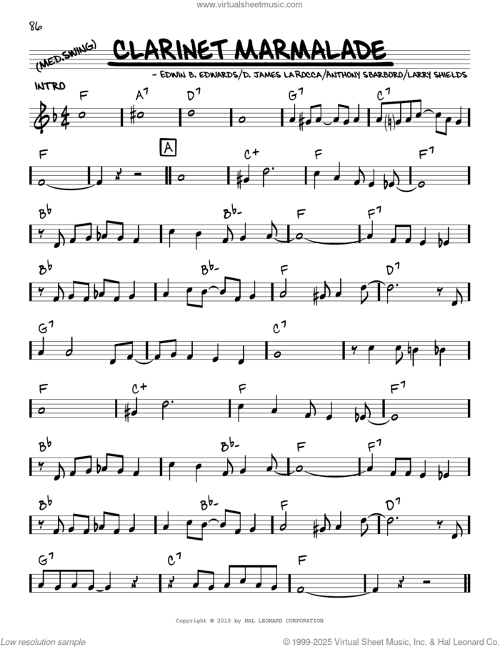 Clarinet Marmalade (arr. Robert Rawlins) sheet music for voice and other instruments (real book with lyrics) by The Original Dixieland Jazz Band, Robert Rawlins, Anthony Sbarboro, D. James LaRocca, Edwin B. Edwards and Larry Shields, intermediate skill level