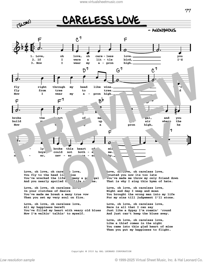 Careless Love (arr. Robert Rawlins) sheet music for voice and other instruments (real book with lyrics) by Anonymous and Robert Rawlins, intermediate skill level