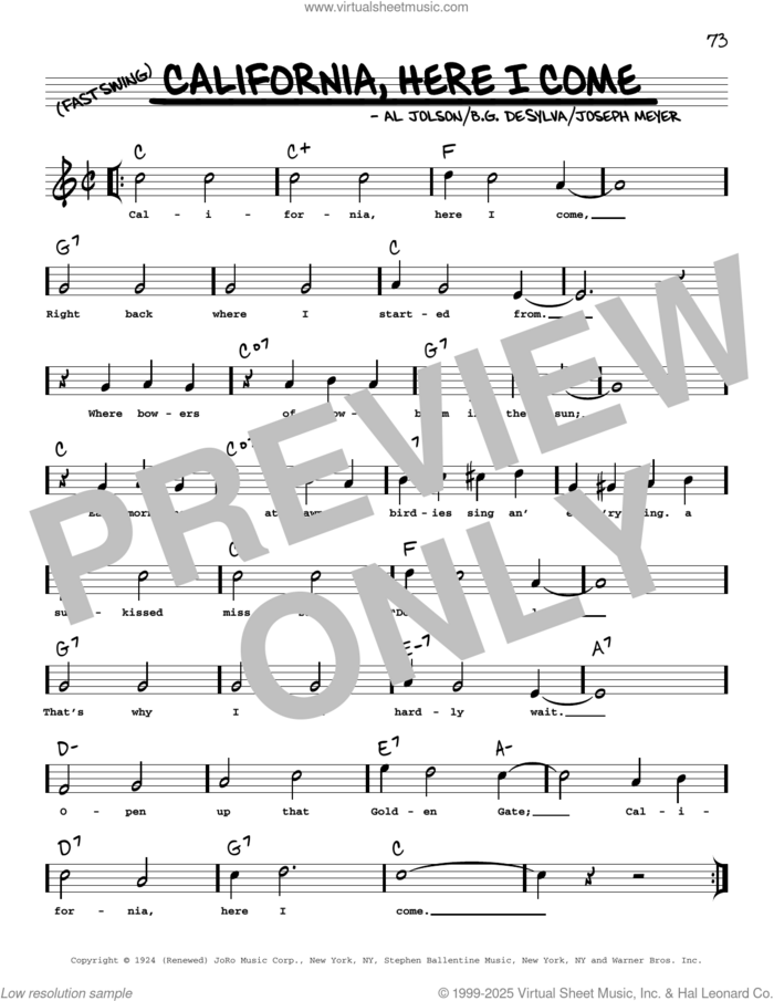 California, Here I Come (arr. Robert Rawlins) sheet music for voice and other instruments (real book with lyrics) by Al Jolson, Robert Rawlins, Benny Goodman & His Orchestra, Buddy DeSylva and Joseph Meyer, intermediate skill level