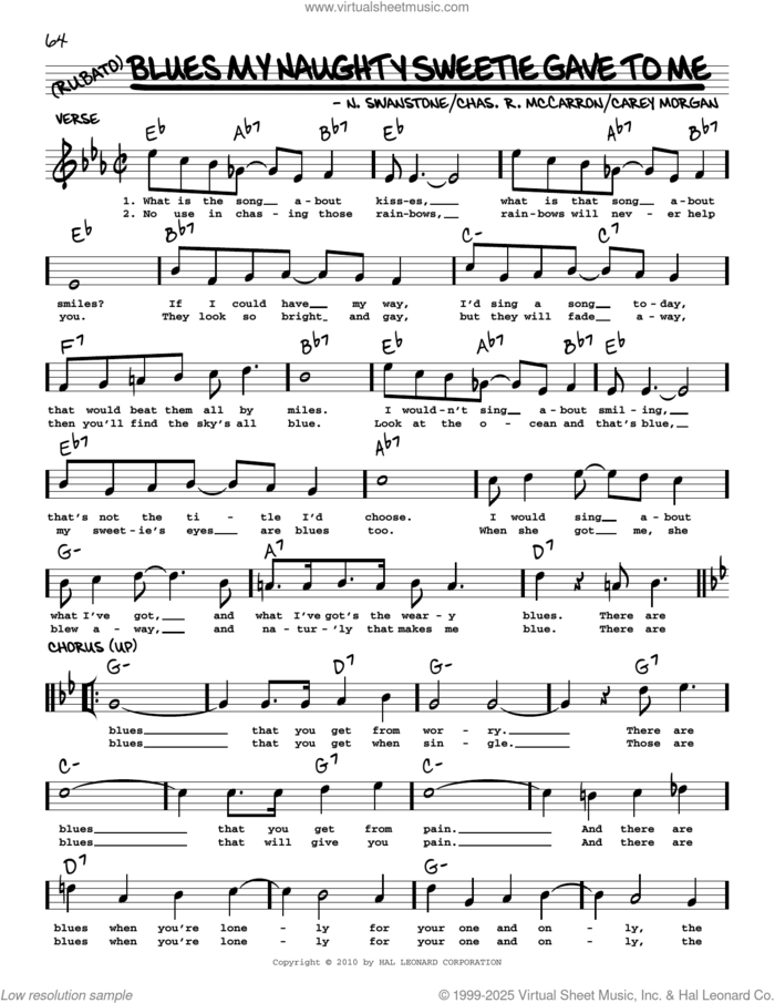 Blues My Naughty Sweetie Gave To Me (arr. Robert Rawlins) sheet music for voice and other instruments (real book with lyrics) by Carey Morgan, Robert Rawlins, Chas R. McCarron and N. Swanstone, intermediate skill level