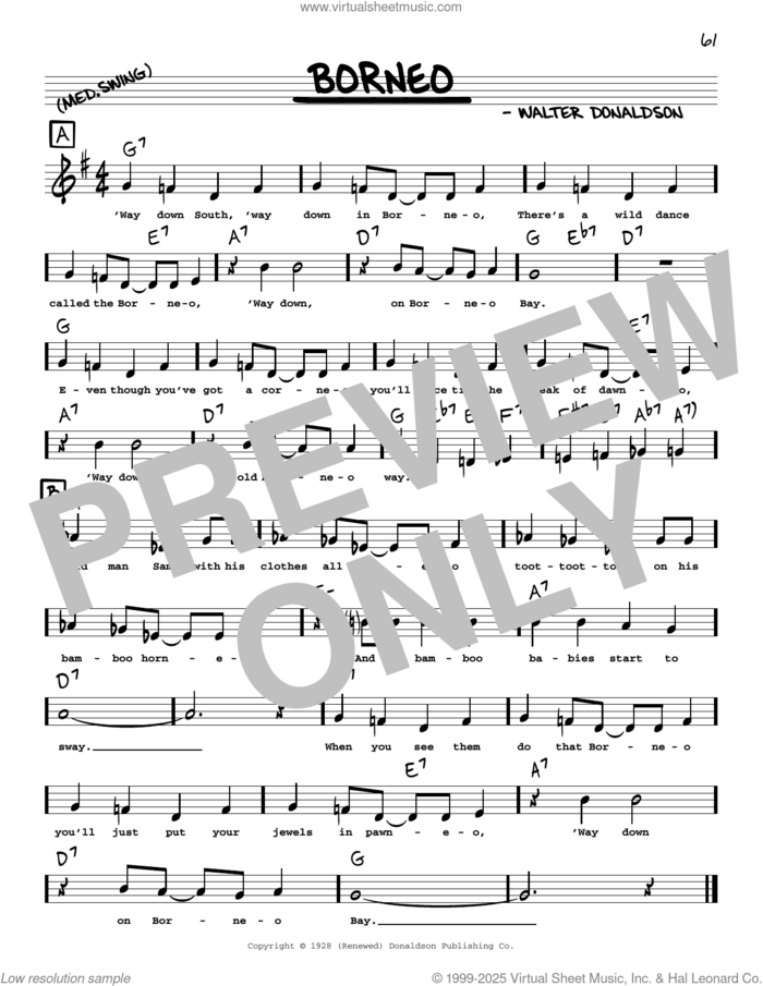 Borneo (arr. Robert Rawlins) sheet music for voice and other instruments (real book with lyrics) by Walter Donaldson and Robert Rawlins, intermediate skill level