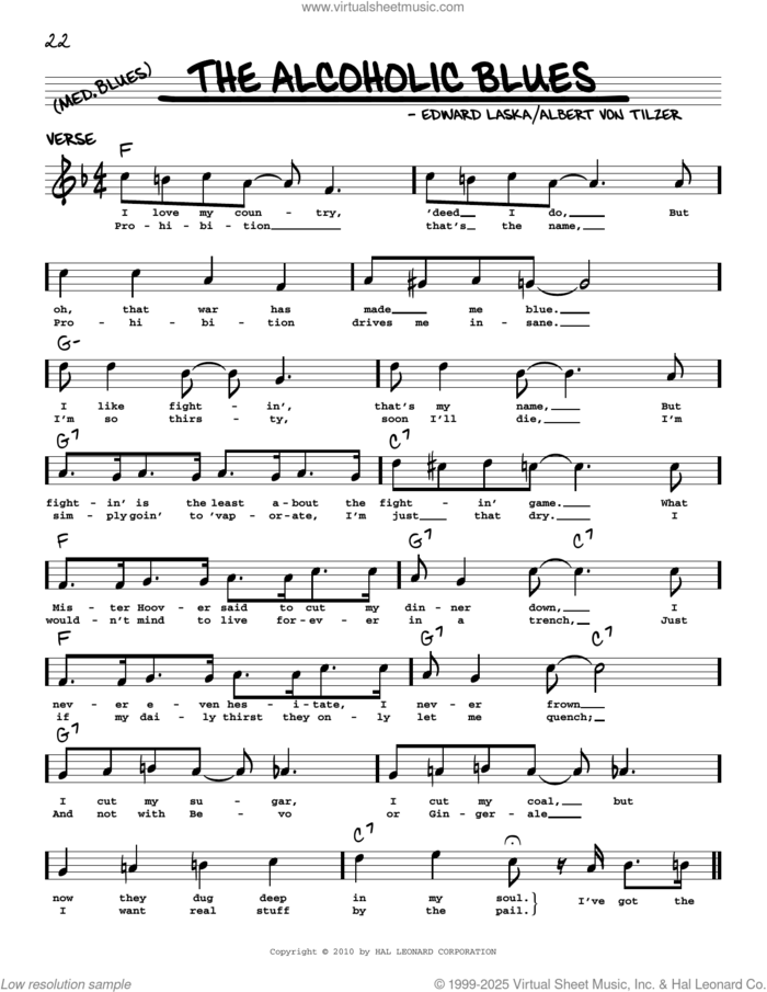 The Alcoholic Blues (arr. Robert Rawlins) sheet music for voice and other instruments (real book with lyrics) by Albert von Tilzer, Robert Rawlins and Edward Laska, intermediate skill level