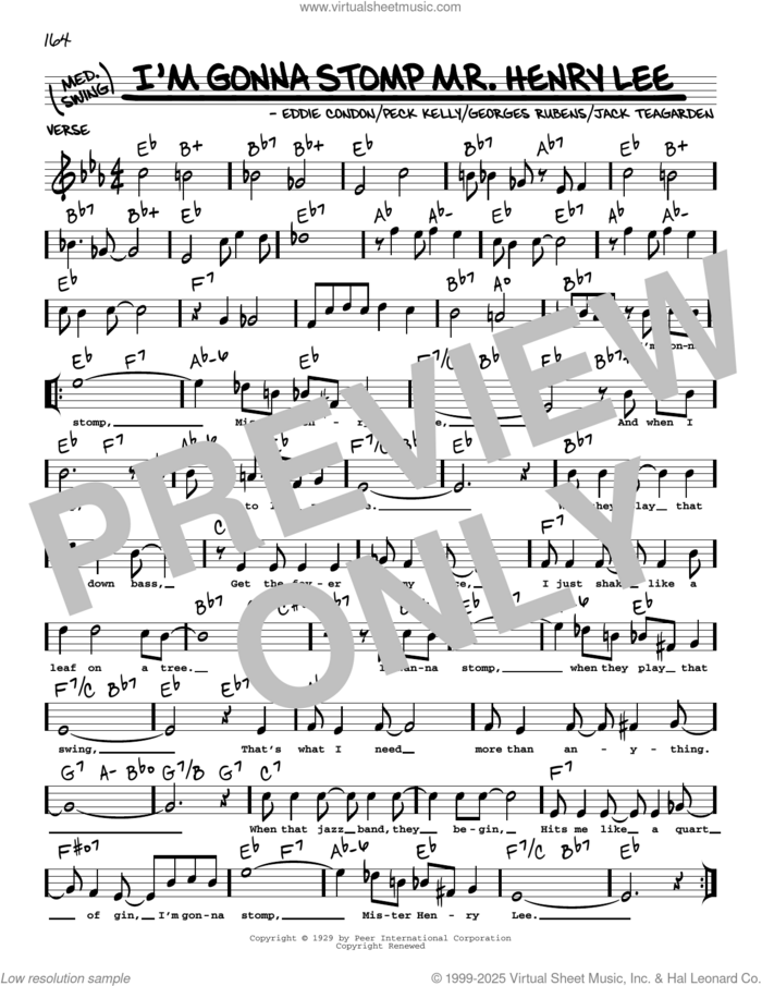 I'm Gonna Stomp Mr. Henry Lee (arr. Robert Rawlins) sheet music for voice and other instruments (real book with lyrics) by Jack Teagarden, Robert Rawlins, Eddie Condon, Georges Rubens and Peck Kelly, intermediate skill level