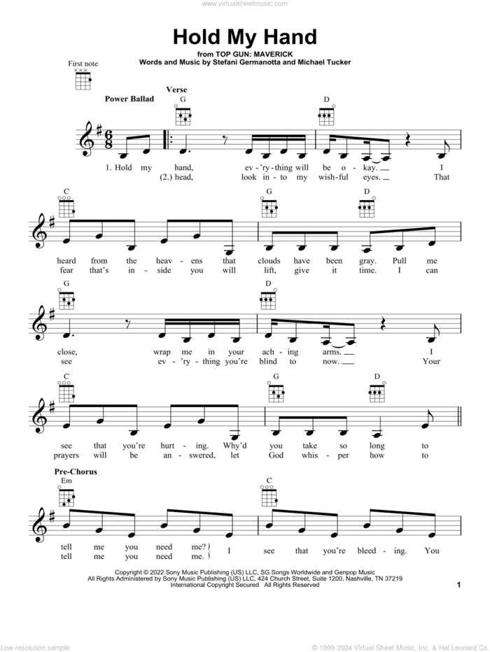 Hold My Hand (from Top Gun: Maverick) sheet music for ukulele by Lady Gaga and Michael Tucker p/k/a BloodPop, intermediate skill level