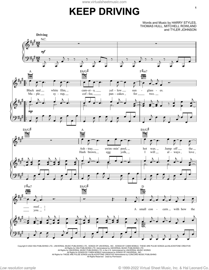 Keep Driving sheet music for voice, piano or guitar by Harry Styles, Mitchell Rowland, Tom Hull and Tyler Johnson, intermediate skill level
