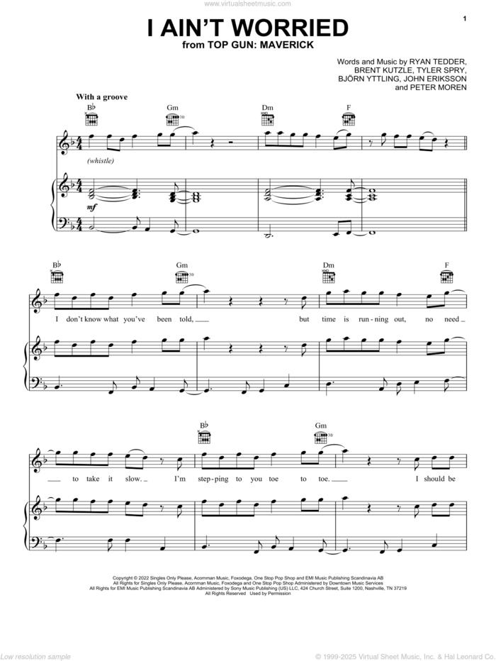 I Ain't Worried (from Top Gun: Maverick) sheet music for voice, piano or guitar by OneRepublic, Bjorn Yttling, Brent Kutzle, John Eriksson, Peter Moren, Ryan Tedder and Tyler Spry, intermediate skill level