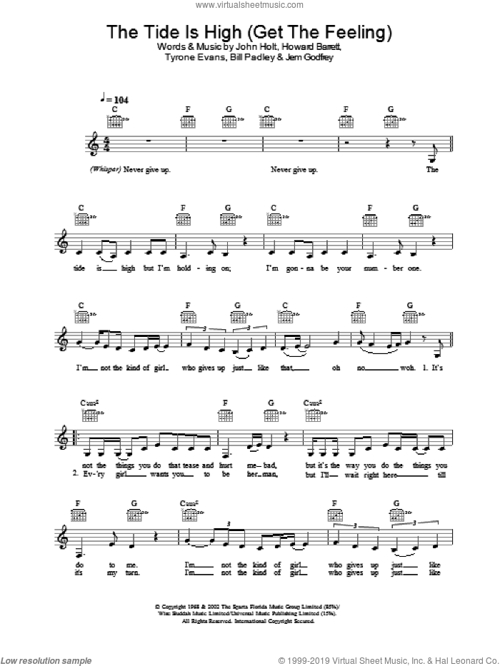 The Tide Is High (Get The Feeling) sheet music for voice and other instruments (fake book) by Atomic Kitten, intermediate skill level