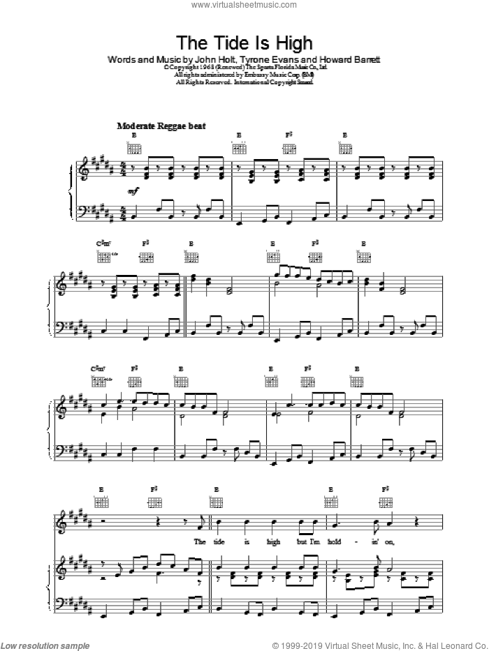 The Tide Is High sheet music for voice, piano or guitar by Blondie, intermediate skill level