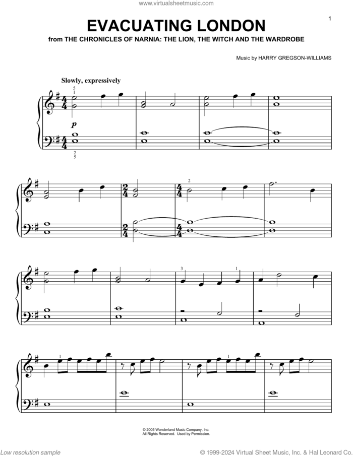 Evacuating London (from The Chronicles Of Narnia: The Lion, The Witch and The Wardrobe) sheet music for piano solo by Harry Gregson-Williams, easy skill level