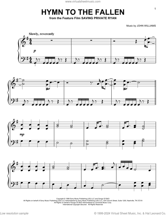 Hymn To The Fallen (from Saving Private Ryan) sheet music for piano solo by John Williams, easy skill level