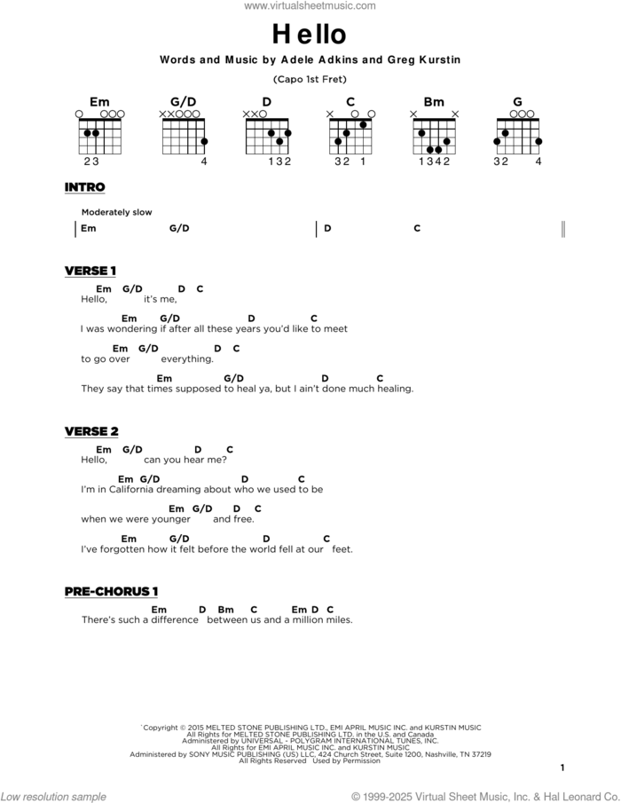 Hello, (beginner) sheet music for guitar solo by Adele, Adele Adkins and Greg Kurstin, beginner skill level