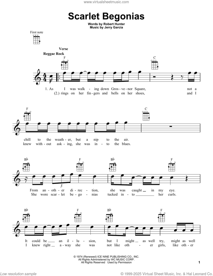 Scarlet Begonias sheet music for ukulele by Sublime, Grateful Dead, Jerry Garcia and Robert Hunter, intermediate skill level