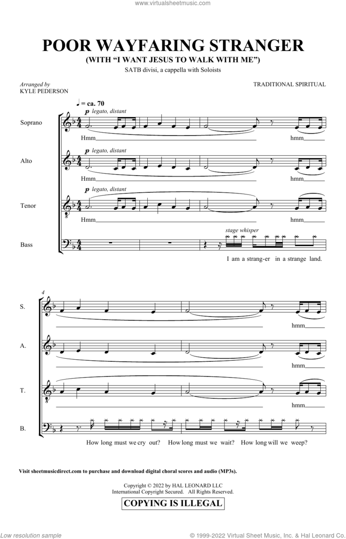 Poor Wayfaring Stranger (with 'I Want Jesus To Walk With Me') (arr. Kyle Pederson) sheet music for choir (SATB: soprano, alto, tenor, bass) by Traditional Spirituals and Kyle Pederson, intermediate skill level