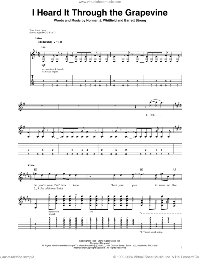 I Heard It Through The Grapevine sheet music for guitar (tablature, play-along) by Creedence Clearwater Revival, Marvin Gaye, Barrett Strong and Norman Whitfield, intermediate skill level