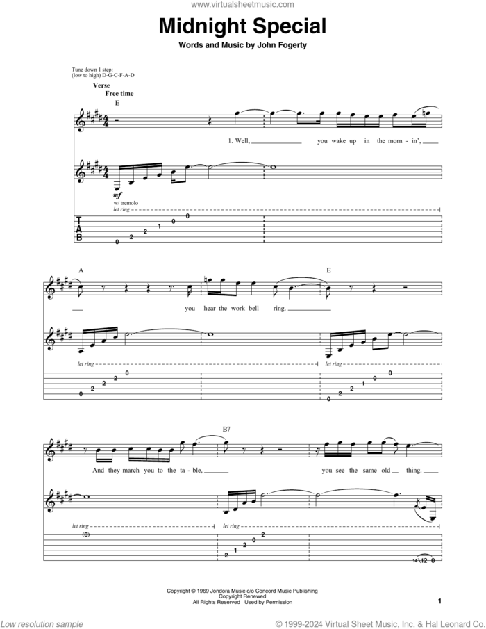 Midnight Special sheet music for guitar (tablature, play-along) by Creedence Clearwater Revival and John Fogerty, intermediate skill level