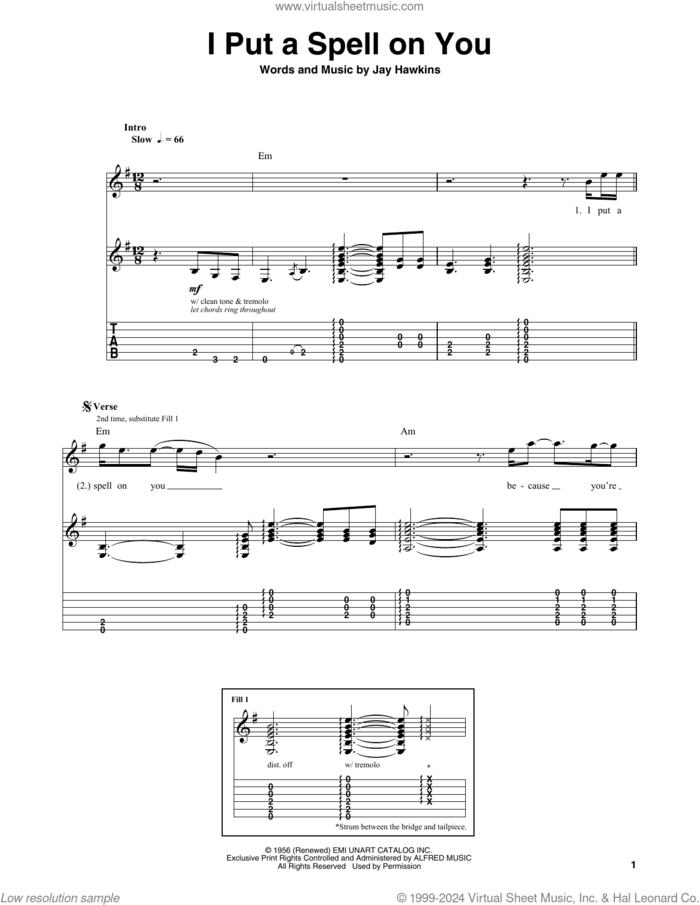 I Put A Spell On You sheet music for guitar (tablature, play-along) by Creedence Clearwater Revival and Jay Hawkins, intermediate skill level