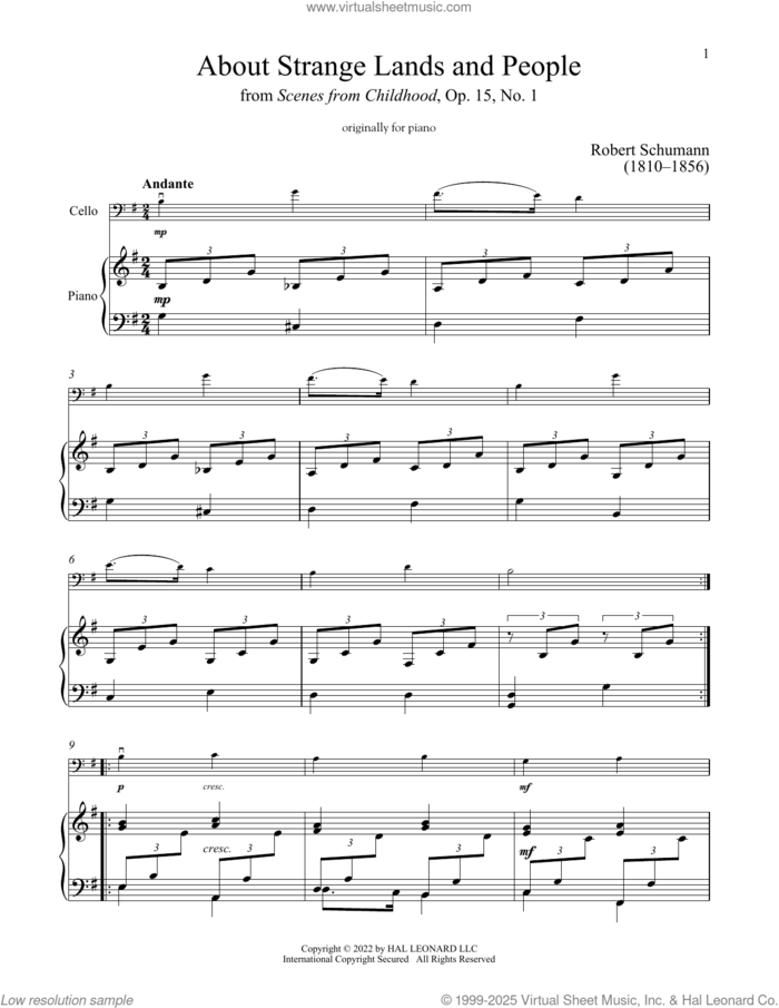 Of Strange Lands And People, Op. 15, No. 1 sheet music for cello and piano by Robert Schumann, classical score, intermediate skill level