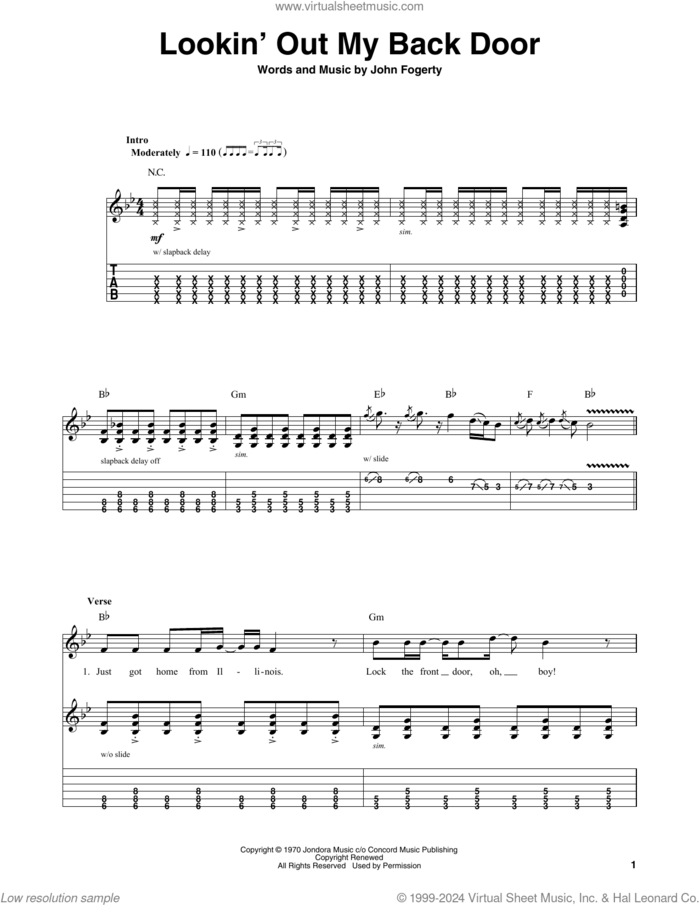 Lookin' Out My Back Door sheet music for guitar (tablature, play-along) by Creedence Clearwater Revival and John Fogerty, intermediate skill level