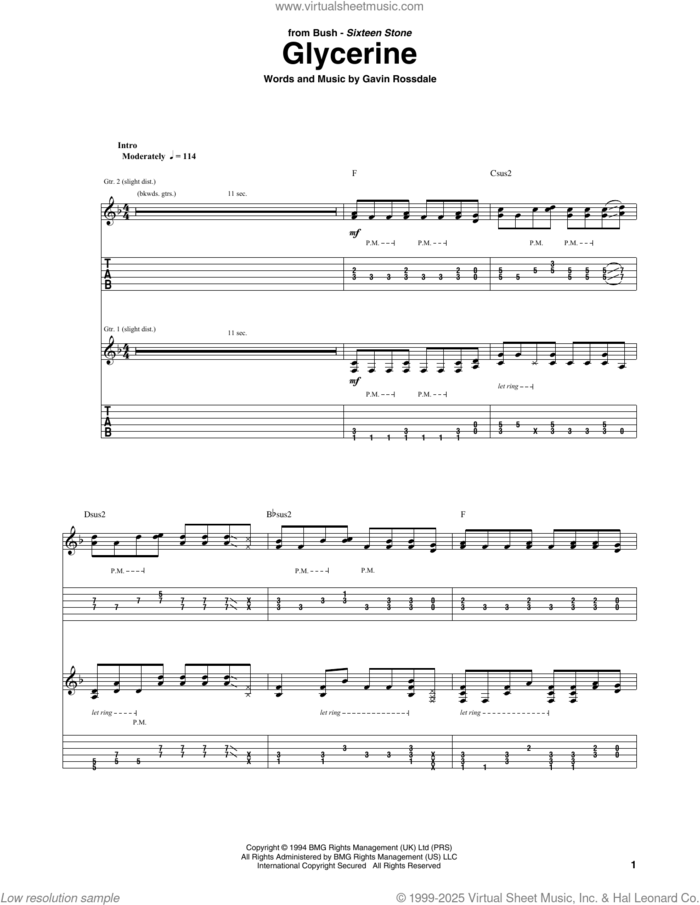 Glycerine sheet music for guitar (tablature) by Gavin Rossdale, intermediate skill level