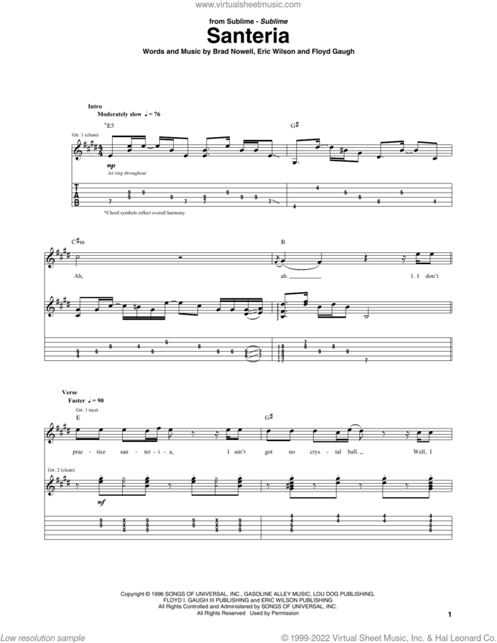 Santeria sheet music for guitar (tablature) by Sublime, Brad Nowell, Eric Wilson and Floyd Gaugh, intermediate skill level