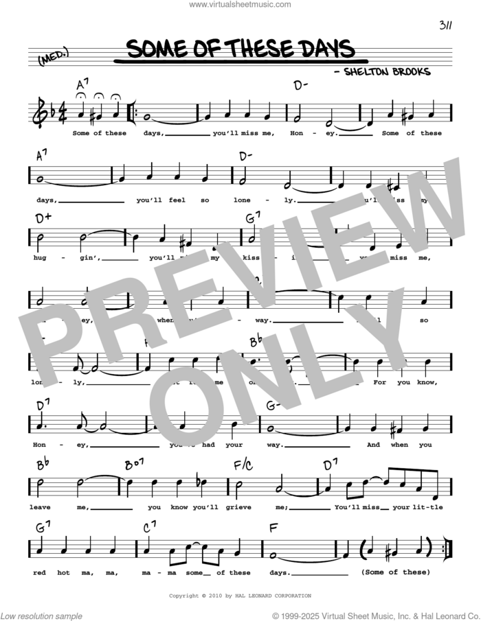 Some Of These Days (arr. Robert Rawlins) sheet music for voice and other instruments (real book with lyrics) by Sophie Tucker, Robert Rawlins and Shelton Brooks, intermediate skill level