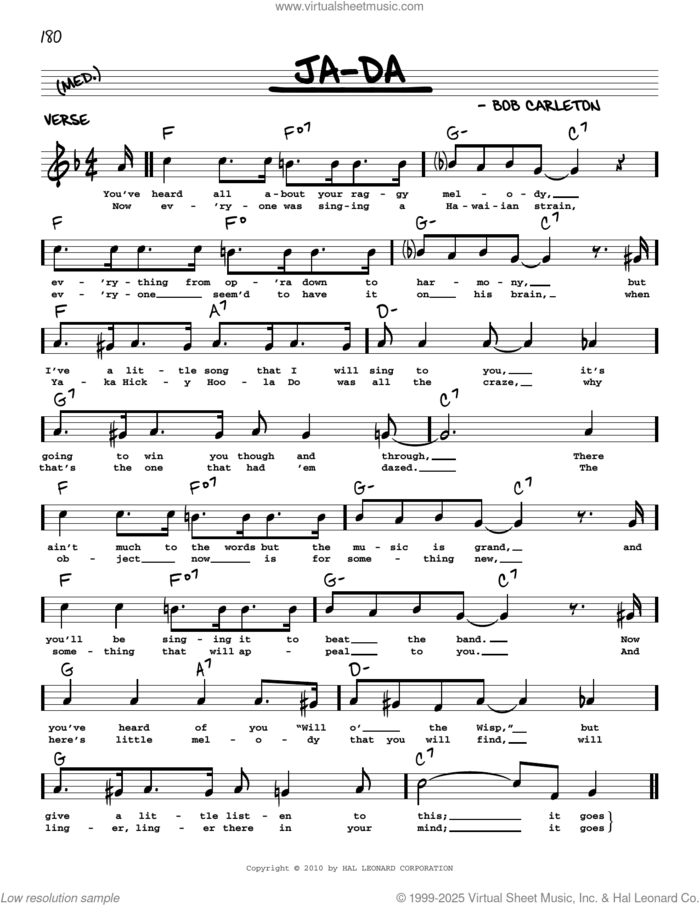 Ja-Da (arr. Robert Rawlins) sheet music for voice and other instruments (real book with lyrics) by Bob Carleton and Robert Rawlins, intermediate skill level