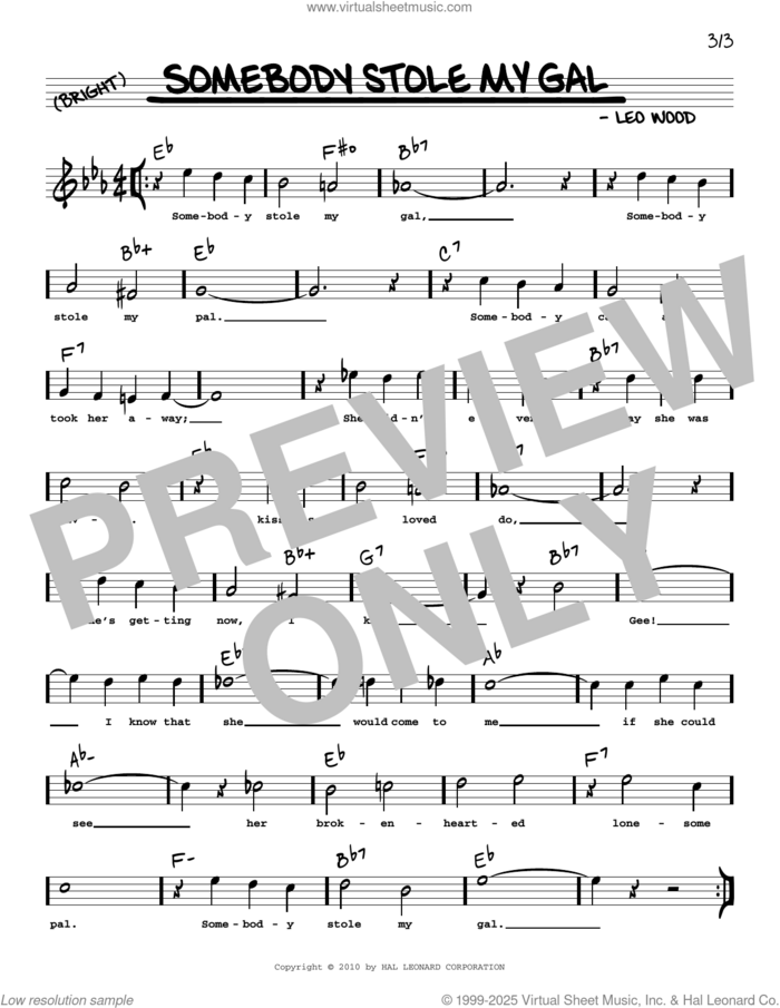 Somebody Stole My Gal (arr. Robert Rawlins) sheet music for voice and other instruments (real book with lyrics) by Leo Wood and Robert Rawlins, intermediate skill level