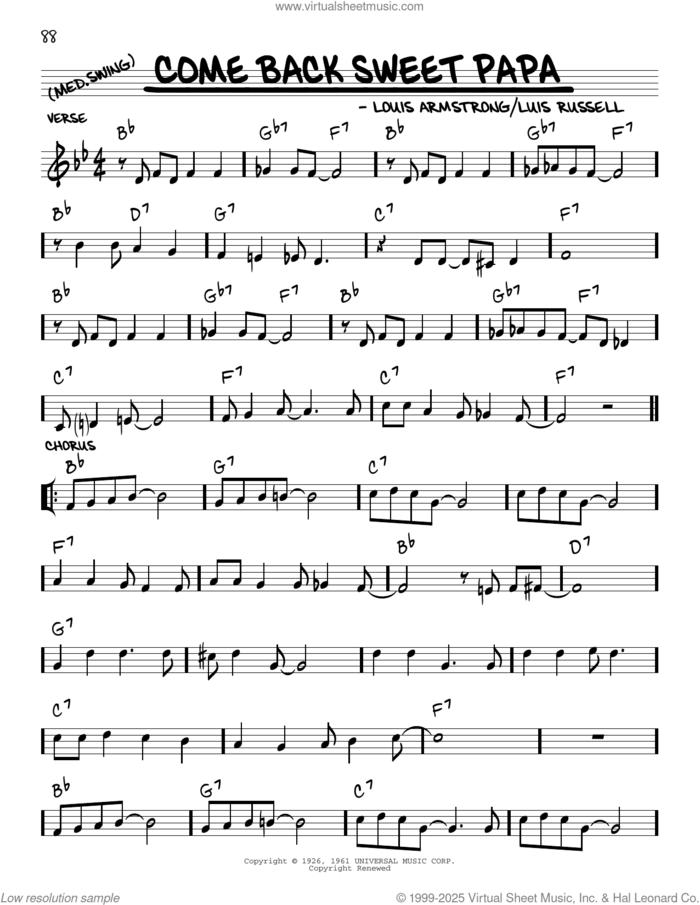 Come Back Sweet Papa (arr. Robert Rawlins) sheet music for voice and other instruments (real book with lyrics) by Louis Armstrong, Robert Rawlins and Luis Russell, intermediate skill level