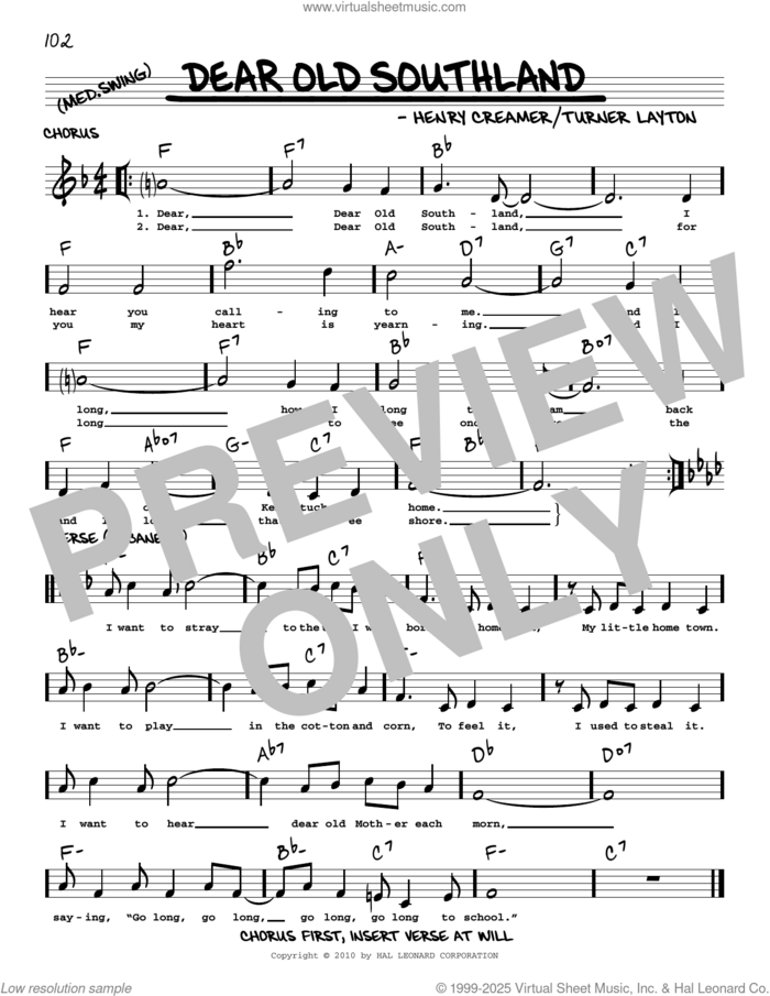 Dear Old Southland (arr. Robert Rawlins) sheet music for voice and other instruments (real book with lyrics) by Henry Creamer, Robert Rawlins and Turner Layton, intermediate skill level