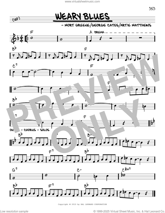 Weary Blues (arr. Robert Rawlins) sheet music for voice and other instruments (real book with lyrics) by George Cates, Robert Rawlins, Artie Matthews and Mort Greene, intermediate skill level