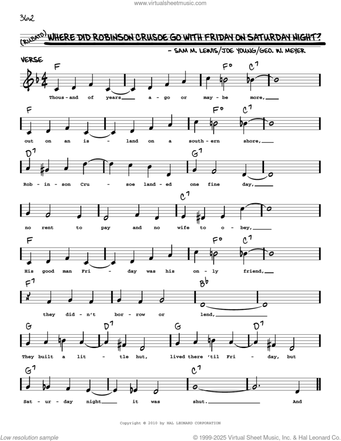 Where Did Robinson Crusoe Go With Friday On Saturday Night? (arr. Robert Rawlins) sheet music for voice and other instruments (real book with lyrics) by Al Jolson, Robert Rawlins, Geo. W. Meyer, Joe Young and Sam Lewis, intermediate skill level