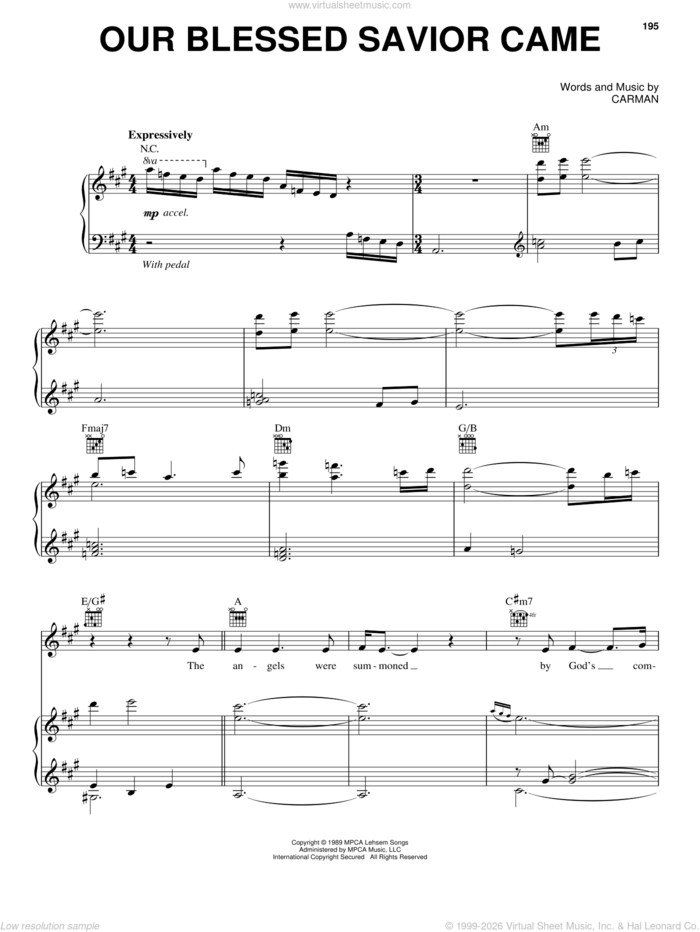 Our Blessed Savior Came sheet music for voice, piano or guitar by Carman, intermediate skill level