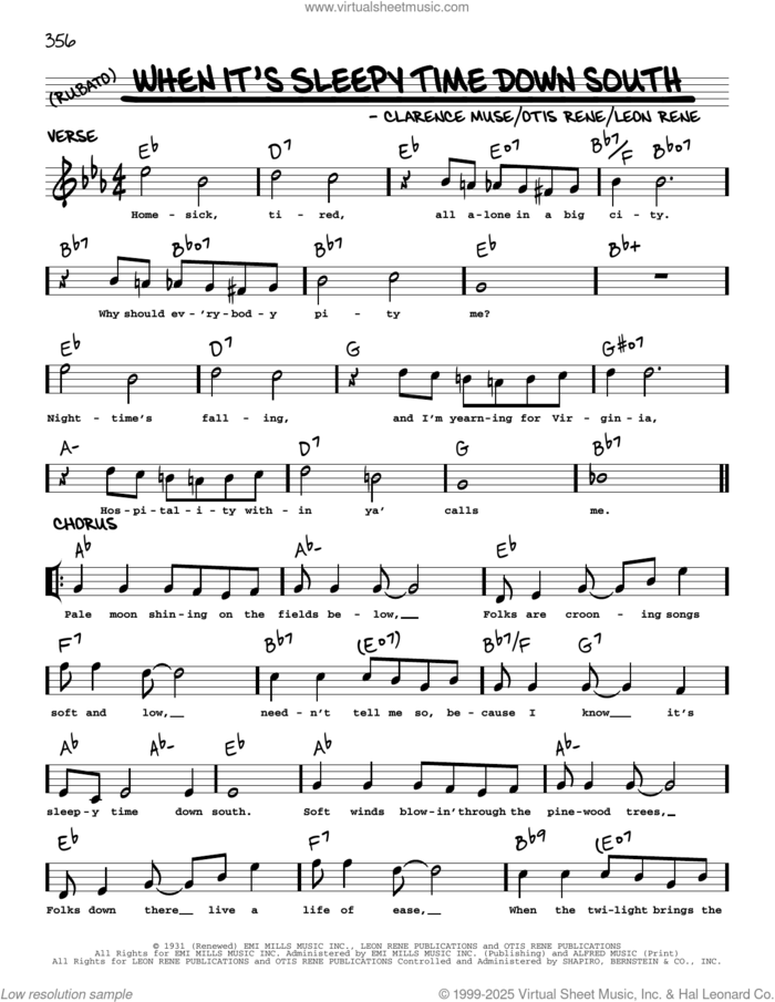 When It's Sleepy Time Down South (arr. Robert Rawlins) sheet music for voice and other instruments (real book with lyrics) by Louis Armstrong, Robert Rawlins, Clarence Muse, Leon Rene and Otis Rene, intermediate skill level