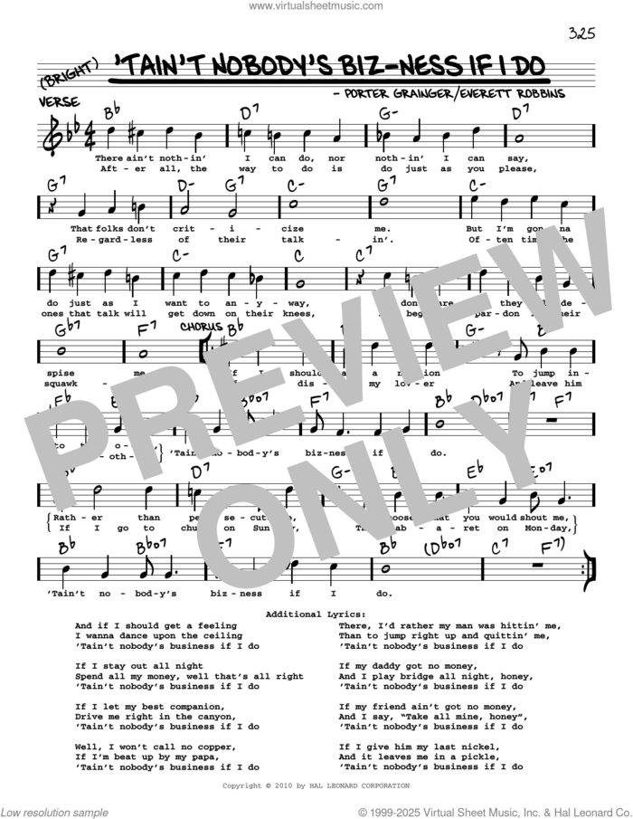 Tain't Nobody's Biz-ness If I Do (arr. Robert Rawlins) sheet music for voice and other instruments (real book with lyrics) by Bessie Smith, Robert Rawlins, Everett Robbins and Porter Grainger, intermediate skill level