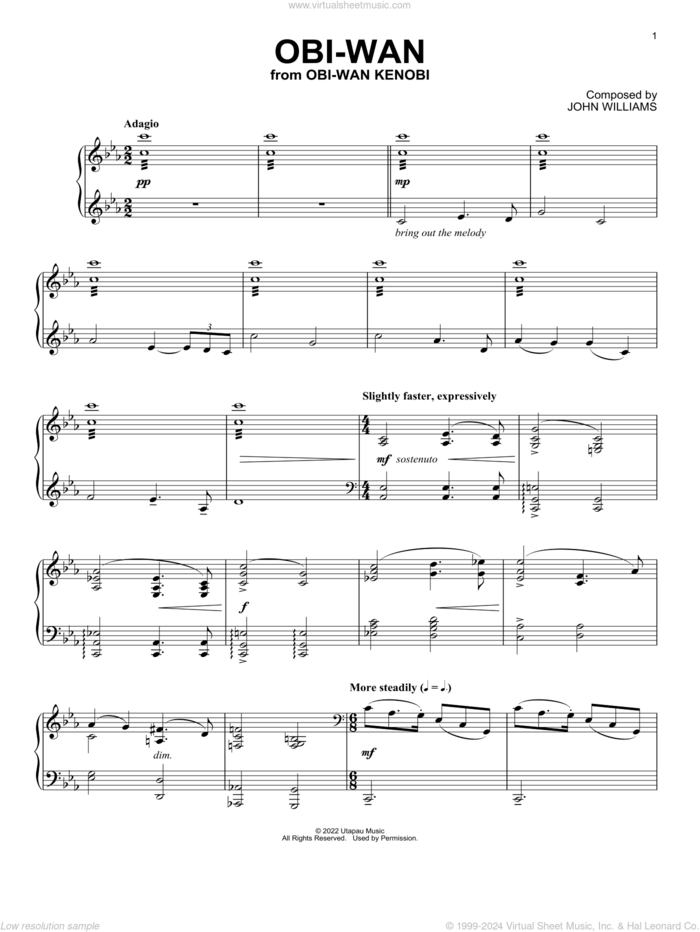 Obi-Wan (from Obi-Wan Kenobi), (intermediate) sheet music for piano solo by John Williams, intermediate skill level