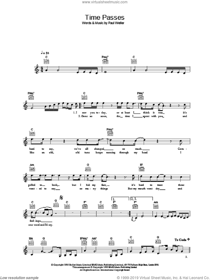 Time Passes sheet music for voice and other instruments (fake book) by Paul Weller, intermediate skill level