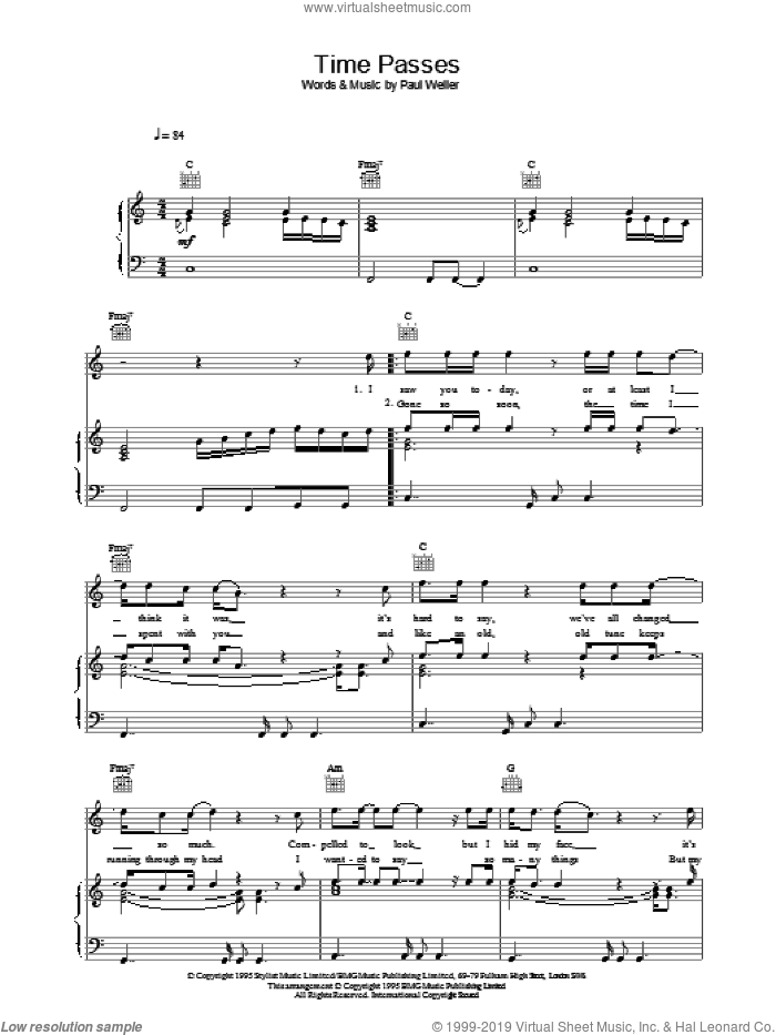 Time Passes sheet music for voice, piano or guitar by Paul Weller, intermediate skill level