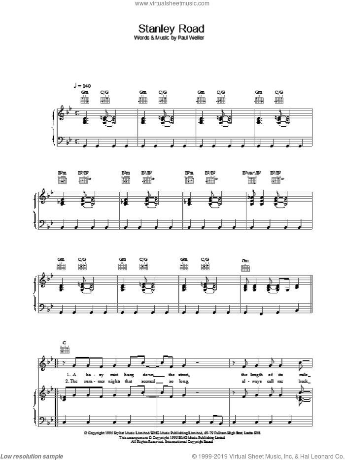 Stanley Road sheet music for voice, piano or guitar by Paul Weller, intermediate skill level
