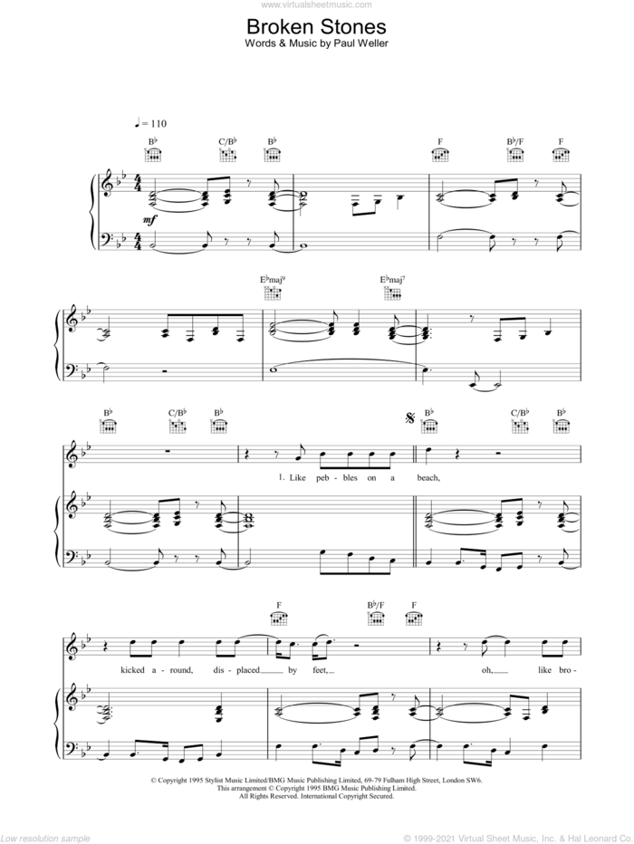 Broken Stones sheet music for voice, piano or guitar by Paul Weller, intermediate skill level