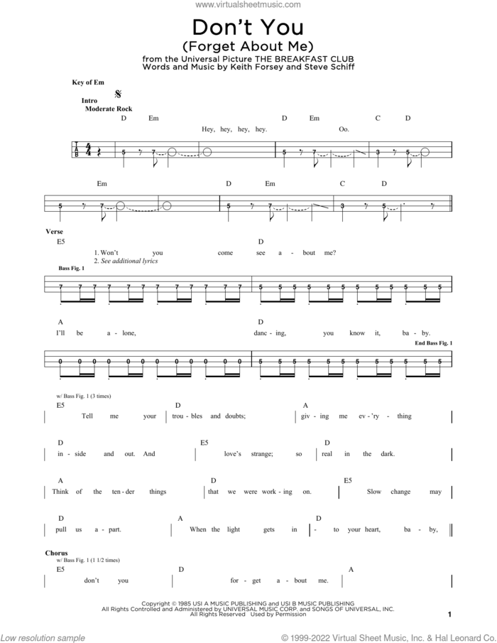 Don't You (Forget About Me) sheet music for bass solo by Simple Minds, Hawk Nelson, Keith Forsey and Steve Schiff, intermediate skill level