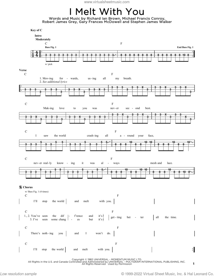 I Melt With You sheet music for bass solo by Modern English, Gary Frances McDowell, Michael Francis Conroy, Richard Ian Brown, Robert James Grey and Stephen James Walker, intermediate skill level