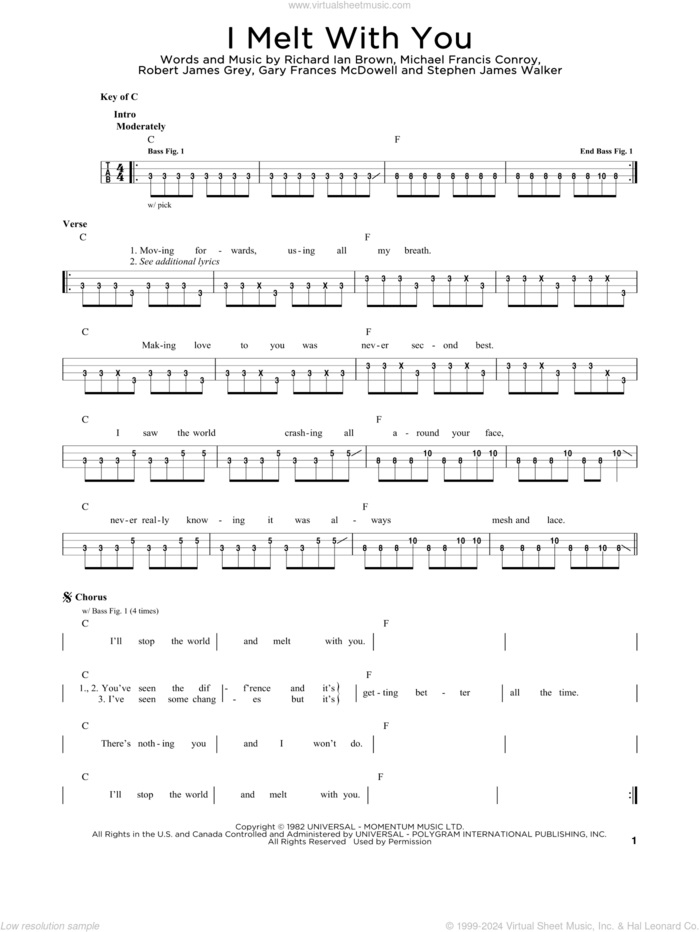 I Melt With You sheet music for bass solo by Modern English, Gary Frances McDowell, Michael Francis Conroy, Richard Ian Brown, Robert James Grey and Stephen James Walker, intermediate skill level