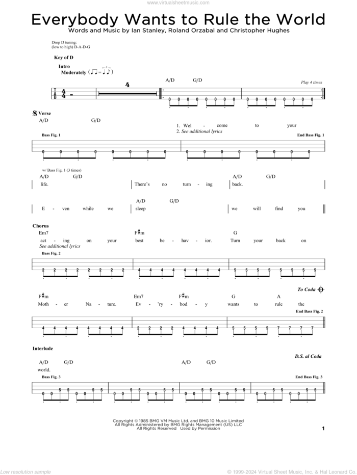 Everybody Wants To Rule The World sheet music for bass solo by Tears For Fears, Christopher Hughes, Ian Stanley and Roland Orzabal, intermediate skill level