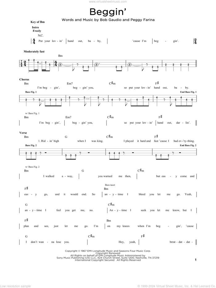 Beggin' sheet music for bass solo by Maneskin, Madcon, The Four Seasons, Bob Gaudio and Peggy Farina, intermediate skill level