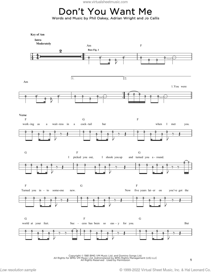 Don't You Want Me sheet music for bass solo by The Human League, Adrian Wright, Jo Callis and Phil Oakey, intermediate skill level