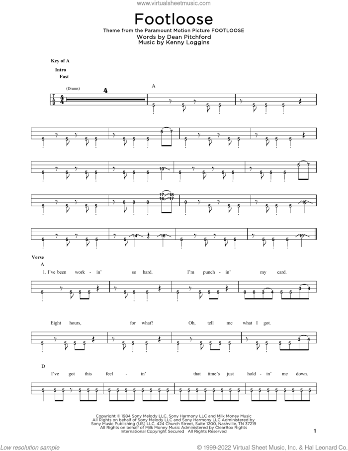 Footloose sheet music for bass solo by Kenny Loggins, Blake Shelton and Dean Pitchford, intermediate skill level