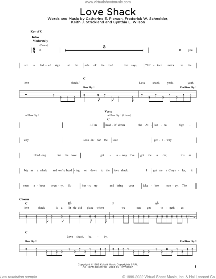Love Shack sheet music for bass solo by The B-52's, Catherine E. Pierson, Cynthia L. Wilson, Frederick W. Schneider and Keith Strickland, intermediate skill level